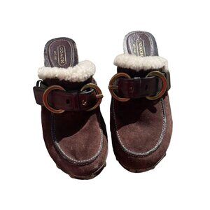 Vintage Coach Wooden Heeled Platform Faux Sherpa Lined Brown Clogs Size 8